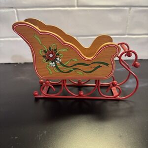 Vintage Wooden Christmas Santa Sleigh Red Metal Runner Table Decor 8.5" X 6"